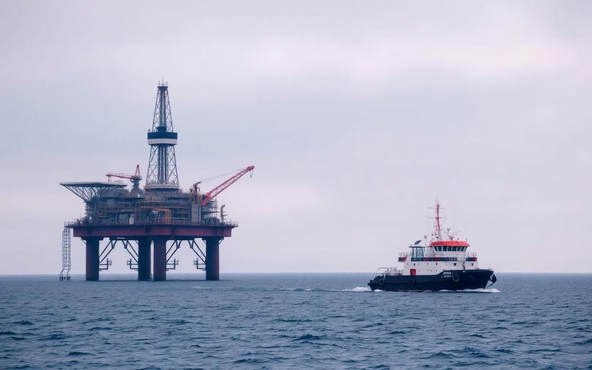 Offshore oil and gas platform with support vessel at sea