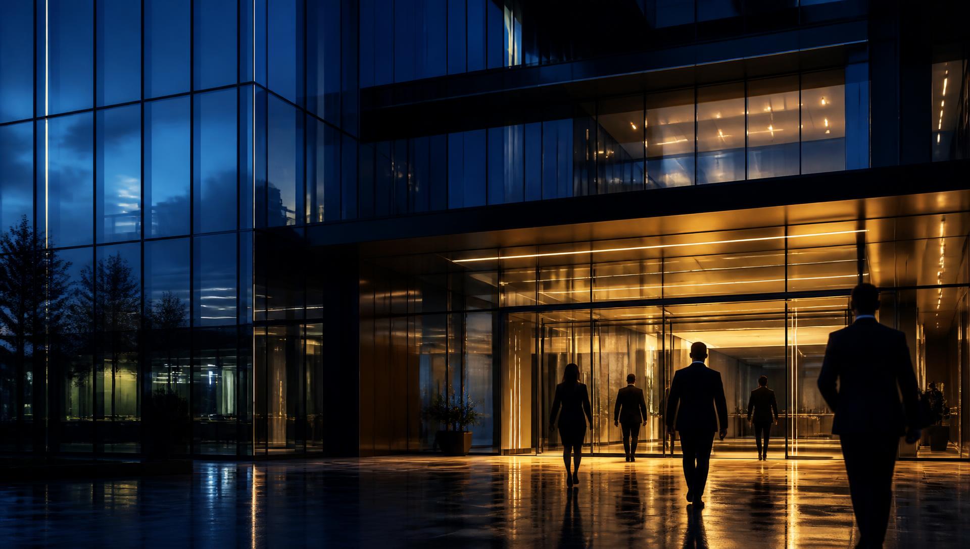 Executives entering a modern corporate headquarters at dusk