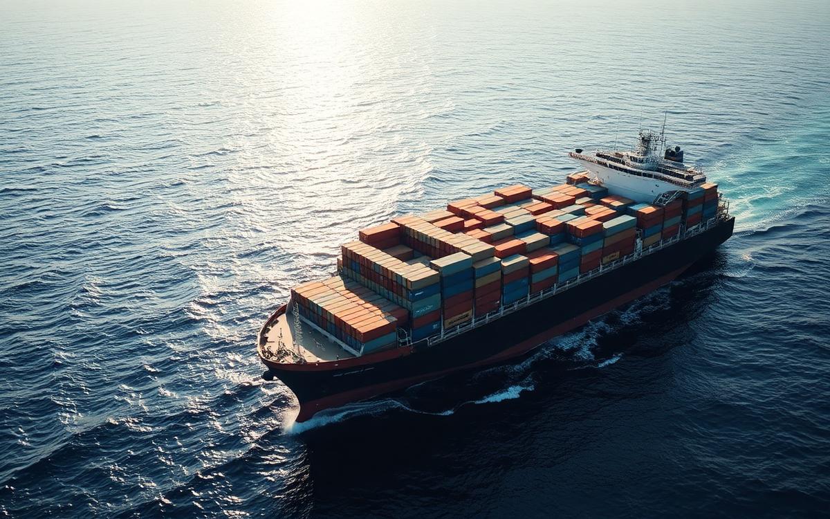 Container ship carrying cargo across open ocean
