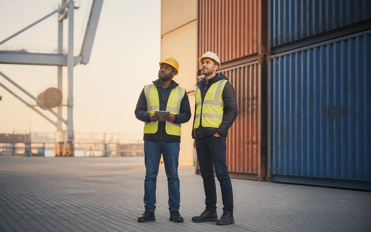 Two cargo surveyors inspecting shipping containers at a port terminal