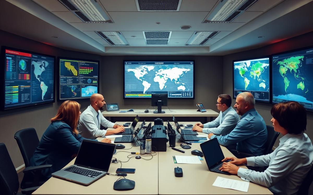 Crisis management team coordinating response in a command room with status screens